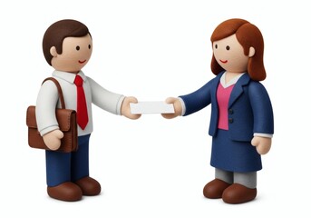 Fototapeta premium Two handmade dolls, a man and a woman, exchanging a business card.