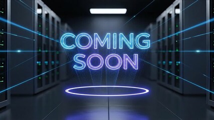 Glowing Purple Neon Coming Soon Text with Futuristic Spotlight - Powered by Adobe