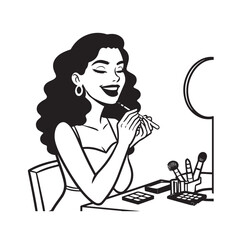 Black and white line art of a beautiful woman doing makeup at dressing table with mirror illustration