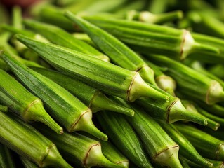 Fototapeta premium Fresh green okra vegetable close up image for healthy eating and recipes ideas