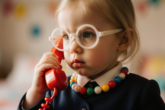 Young child wearing glasses and colorful necklace holding red telephone, dressed in business attire, role playing as businesswoman, focused expression, indoor setting - Powered by Adobe