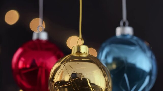 Colorful Christmas ornaments hanging on strings with festive lights in background. Holiday decor. Happy New Year 2026