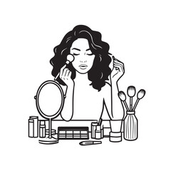 Obraz premium Black and white line art of a beautiful woman doing makeup at dressing table with mirror illustration