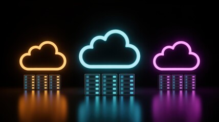 Digital Cloud Data: Three stylized neon cloud icons illuminate in vibrant hues, suggesting connectivity and storage over a reflective surface, emphasizing the technological aspect.