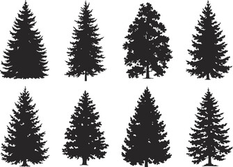 Christmas tree silhouette set, vector pine trees collection, nature illustration, forest design elements, holiday graphic, seasonal decor, evergreen icons, winter theme, flat style, digital art