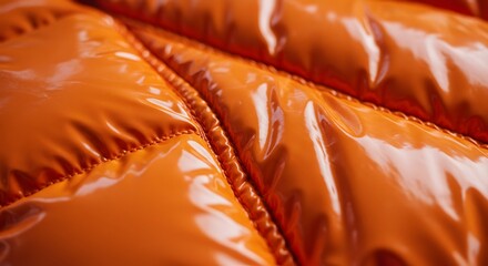 Fototapeta premium Close-up of a glossy orange puffer jacket material with quilted texture.