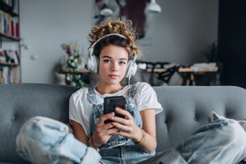 Young woman relaxing in cozy clothes enjoying music through headphones, lying on a comfortable sofa at home in a calm, peaceful mood.