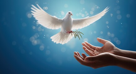 White dove flying out of a green olive branch held by two human hands over a blue background, symbolizing peace, freedom, hope, trust, love, unity, harmony, spirituality, and worldwide reconciliation.
