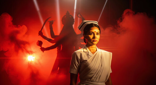 Sherawali Mata Blessings in Navratri – Modern Nurse Embodying Durga Mata’s Energy with Fiery Red Divine Aura, Symbol of Protection, Healing, and Goddess Shakti