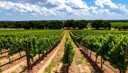 Lush vineyard landscape under a bright sky