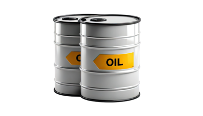 Two stacked, light gray metal oil barrels with yellow labels reading "OIL