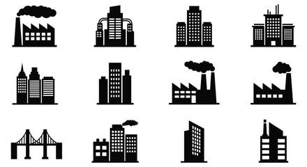 Obraz premium Collection of industrial buildings factories and city structures in black silhouette