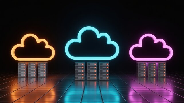 Cloud Data Hub: Illustrative of interconnected cloud servers, radiating energy on a reflective floor, emphasizing technological synergy in the digital landscape.