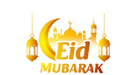 Fototapeta premium Eid Mubarak greeting card featuring a golden crescent moon, mosque, and lanterns.