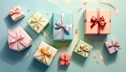 A collection of pastel-colored gift boxes, adorned with elegant ribbons and bows, sits atop a pale mint-green background, evoking a festive and celebratory mood.