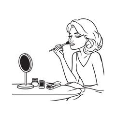 Black and white line art of a beautiful woman doing makeup at dressing table with mirror illustration