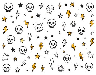 A playful pattern features repeating skull, star, and lightning bolt graphic elements in black and yellow on a white background.