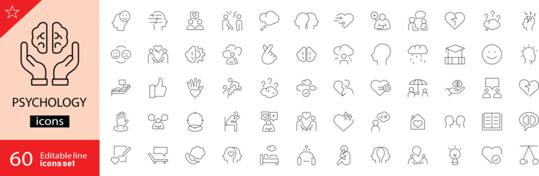 Psychology icons set. Includes symbols of brain, therapy, counseling, emotions, mental health, behavior, and research. Editable stroke. Vector illustration. Outline icons. Perfect for healthcare. 