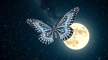 A butterfly flying in the night with a full moon