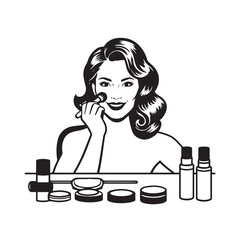 Black and white line art of a beautiful woman doing makeup at dressing table with mirror illustration