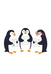 Obraz premium Three cartoon penguins stand in a line, each holding and looking at papers, with one wearing glasses.