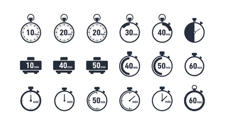Time ticking away with timers for project management and countdowns from 10 to 60 minutesisolated...