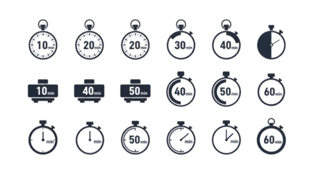 Time ticking away with timers for project management and countdowns from 10 to 60 minutesisolated on transparent background