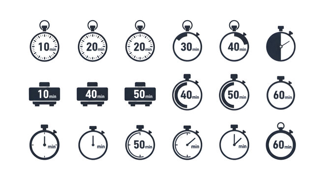 Time ticking away with timers for project management and countdowns from 10 to 60 minutesisolated on transparent background