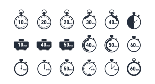 Time ticking away with timers for project management and countdowns from 10 to 60 minutesisolated on transparent background