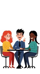 Obraz premium Three diverse individuals, two women and one man, happily sitting together at a small table, smiling and interacting, with one making a peace sign.