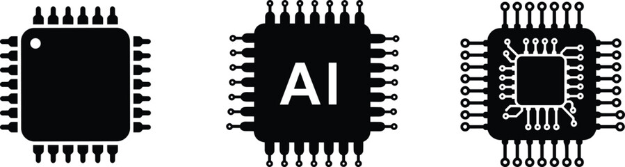 Microchip icon set, black silhouette processor collection, AI chip vector illustration, electronic component pack for technology, computing, and engineering design themes