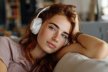 Fototapeta premium Young woman relaxing in cozy clothes enjoying music through headphones, lying on a comfortable sofa at home in a calm, peaceful mood.