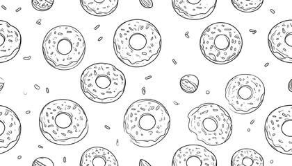 A black and white pattern of glazed donuts with sprinkles, creating a sweet and whimsical design.
