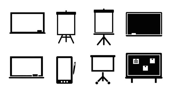 Minimalist Presentation Board Vector Icon Set with Whiteboard Blackboard and Flip Chart Glyphs