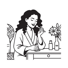 Black and white line art of a beautiful woman doing makeup at dressing table with mirror illustration