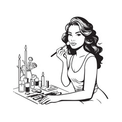 Black and white line art of a beautiful woman doing makeup at dressing table with mirror illustration