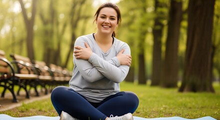 Fototapeta premium Blissful Pause: Young Overweight Woman in Athletic Wear Resting on Blue Mat After Jogging in a Woodland Park