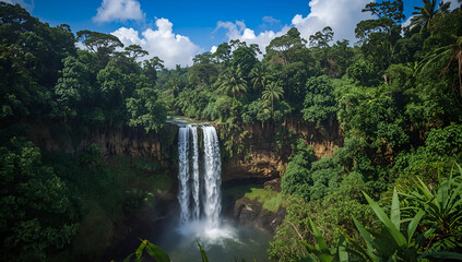 Fototapeta premium Majestic waterfall cascading through lush jungle bali nature photography tropical paradise aerial view serenity and beauty