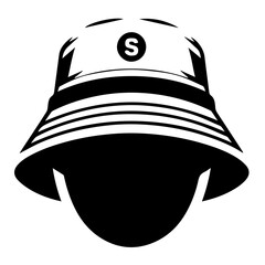 Illustration of a black and white bucket hat with the letter s in a circle on the front side of the hat