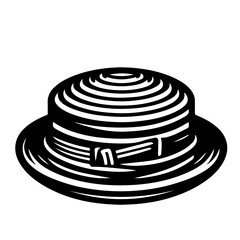 Illustration of a black and white boater hat with a ribbon accent and horizontal striped pattern design