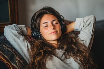 Fototapeta premium Young woman relaxing in cozy clothes enjoying music through headphones, lying on a comfortable sofa at home in a calm, peaceful mood.
