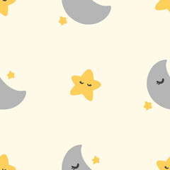Seamless pattern with cute moon and stars, yellow sky celestial digital paper design for kids, nursery, wrapping, and fabric