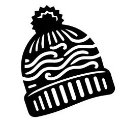 Illustration of a black winter hat with a pompom and wavy design elements on a white background