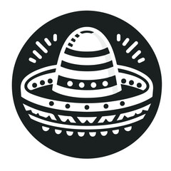 Illustration of a sombrero with stripes and decorative elements inside a black circle background design