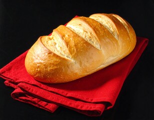 A loaf of crusty bread rests on a red napkin, showcasing its golden-brown exterior and inviting texture against a dark background.
