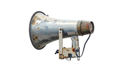 A weathered, rusty metal public address system, angled, and highlighted against a clean white background.