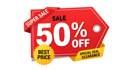 Super sale 50% off, shop now for best price, special deal clearance, limited time offer, hurry upisolated on transparent background