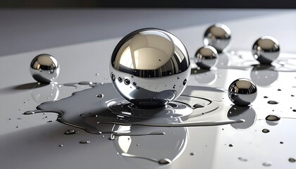 Reflective metal spheres on a liquid surface