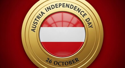 Austria Independence Day Golden Emblem with Flag on Red Background, October 26th