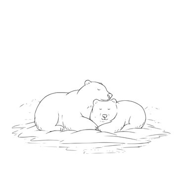 sleeping bears cuddling, black and white clip art preview